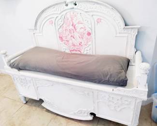 VINTAGE TWIN BED MADE INTO A BENCH, CHAULK PAINT AND HAND PAINTED-CUSTOM