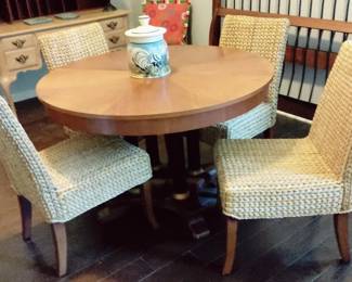 OAK AND BLACK 46"DIA X 30" TALL, ROUND DINING TABLE AND 4 GORGEOUS RATTAN CHAIRS,