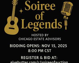 LIVE AUCTION: NOVEMBER 15th - 8PM - 9:30PM!
(Purchase VIP TICKETS to bid prior to 8pm)
https://givebutter.com/c/soireeoflegends/auction