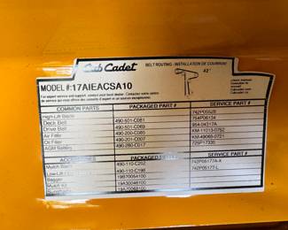 42” Cub cadet serial number plate 
