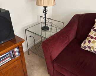 Modern end table with glass top, lazy boy sofa
