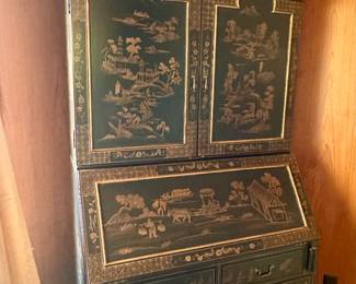 Chinoiserie book case secretary with red pigion hole interior