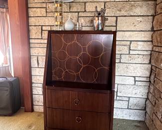LOVE this Drexel Heritage drop down Bar with circle inlay.