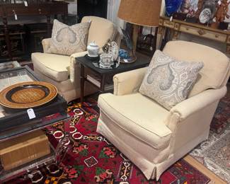 Pair of slim lined upholstered club chairs