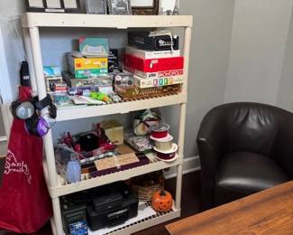 Toys and games, picture frames, Christmas ribbons and wrapping, fall decorations, safe boxes, office desk