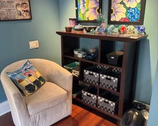 Decorative art, club chair storage baskets, pottery, art glass