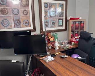 Asus computer monitors on dual stand, decorative art, Christmas decorations, desk chair