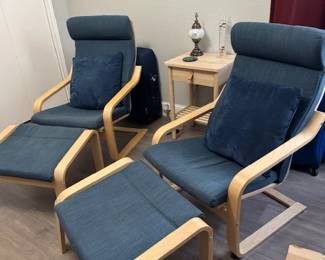 Ikea bentwood open arm chairs with footstools, matching night stand