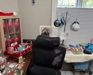 Plastic storage boxes, Christmas decorations, swim accessories, folding table and chairs, exercise equipment