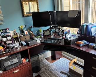 Office supplies, desk, Asus computer monitors on dual stand, printer