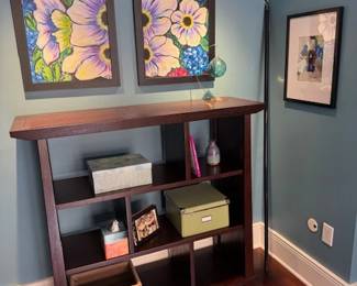 Bookshelves, art, storage boxes