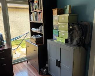 Books, storage boxes, bookcase, storage cabinet