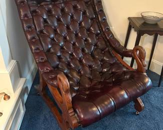 Swan Engraved Button Tufted Leather Rolling Chesterfield Style Chair