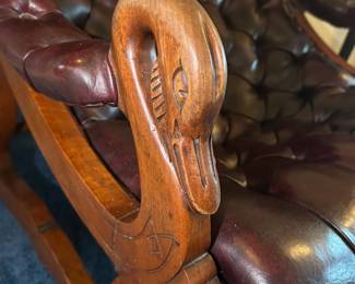 Swan Engraved Button Tufted Leather Rolling Chesterfield Style Chair