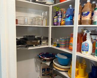 Cleaning supplies, Plastic glassware, Cooking pans, etc.