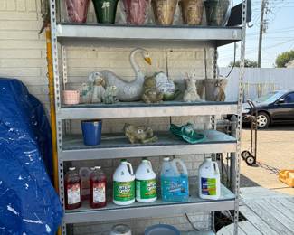 Large Metal Shelf, Pots, Yard Art, Cleaning products 