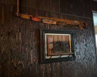 Painted saw, wire stagecoach picture
