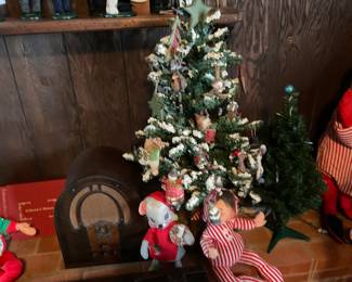 Christmas tree decorated and surrounded with ANNALEES, vintage Philco radio in working condition