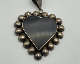 Very Large Mexican Silver Onyx Heart Pendant