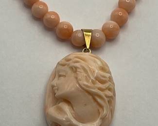 14Kt Gold and Carved Coral Cameo Necklace Closeup