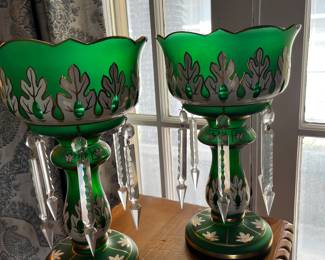 Pair Antique Victorian Bohemian Mantle Lusters
