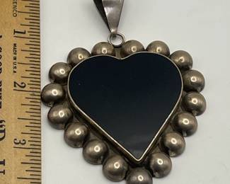 Very Large Mexican Silver Onyx Heart Pendant