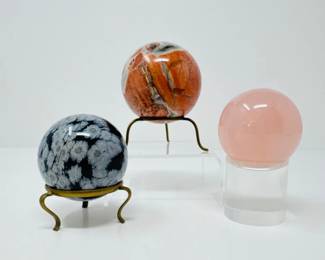 62 Setof3PolishedStoneSpheresLikelyRoseQuartzObsidianJasper