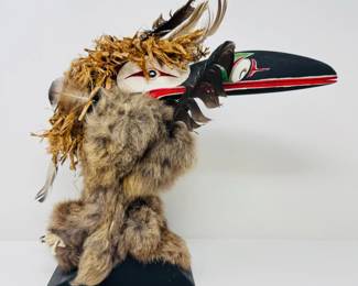 10 NormanBellKwakiutlCarvedFigurewFurFeathersSigned