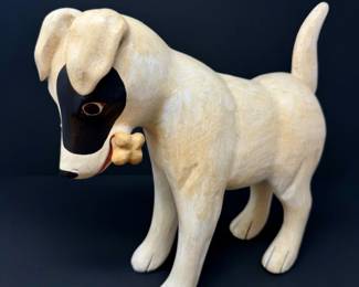 85 VintageFolkArtCarvedWoodDogFigurinewBonePaulWeirStyle