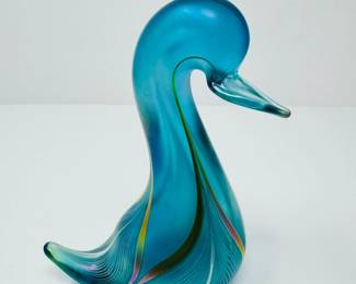 69 SignedStudioArtGlassDuckSculptureAquaBlueSwirl