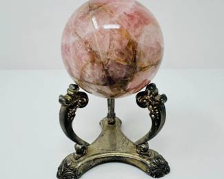 91 RoseQuartzCrystalSphereonOrnateMetalStand