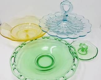 87 VintageDepressionGlassLotGreenBlueTopazBowlsTrays