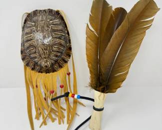 35 NativeAmericanTurtleShellPursewLeatherFringeFeatherFun