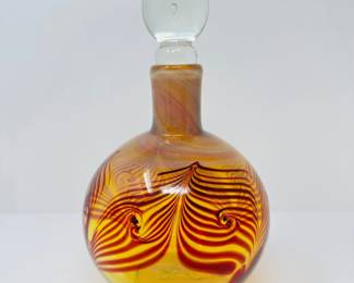 11 BlownGlassDecanterAmberRedSwirlwClearGlassStopper