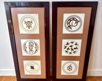 98 PairOfFramedMimbresRevivalAnimalMotifPrintsSWPuebloStyle