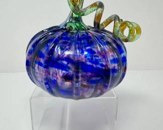 15 BlownGlassPumpkinSculptureBluePurplewGreenCurledStem