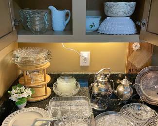 Serving pieces including Glass, Crystal, and silver plate, Fitz and Floyd,