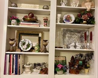 Lots of decorative items including an Arthur Court Pewter Elephant tray and two rare Norman Brumm enamel on copper chickadees in pines sculptures with natural wood bases. Frames, crystal, porcelain.