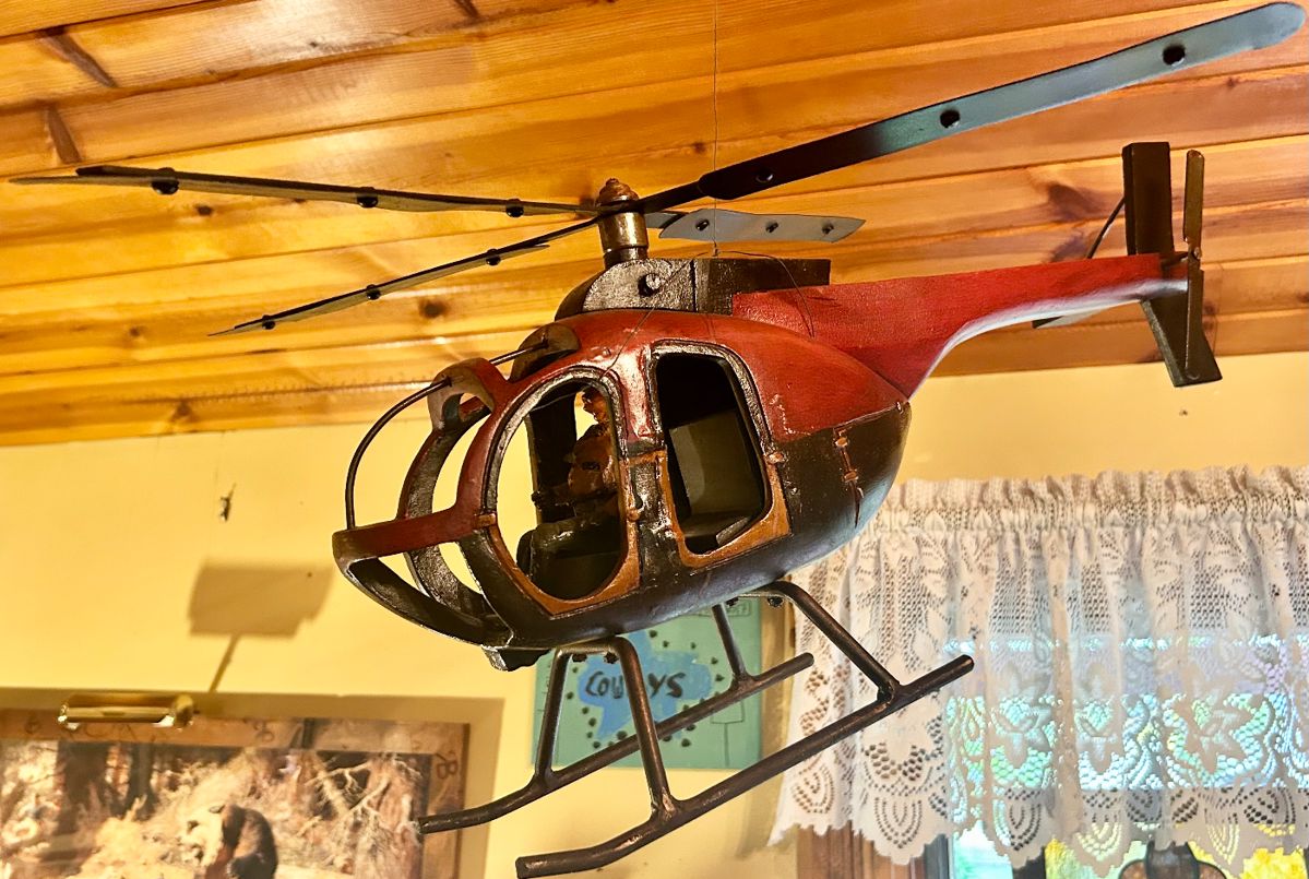 Vintage 1960s wood & metal model helicopter with pilot $200
