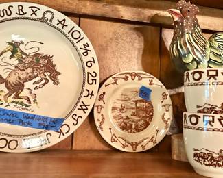 Vntg “Westword Ho” Wallace China: 
coffee mugs $40 ea; 10” dinner plate 95,
Desert dish $50