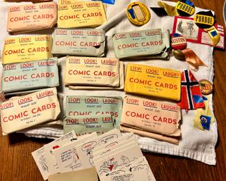 Vintage packets of adult Comic cards, two sets of 12 $1.00/packet
Vintage pins, including Purdue $1-3ea