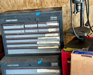 Craftsman 10 drawer top tool box  $75
Craftsman 6 drawer tool box bottom /castors $115
Vintage Mall drill press $75