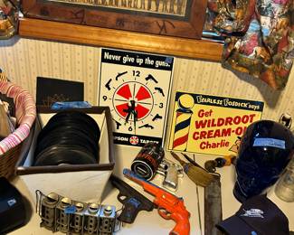 Vintage Daisy target gun $25
Vntg Orange Steel pressed gun $20
Vintg shaving brushes, strap