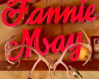 *“Fannie May” Candy Store front Neon Sign $650
*Caribou Skull Cap Antlers approx 45” spread *$500