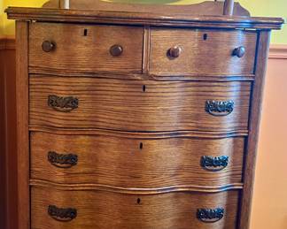 Antique 6 drawer, tall boy, dresser w/ mirror
37 x 23”d.  70” $185