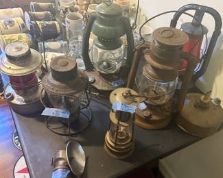 Antiq & vintage lanterns green 13” air pilot $25, 
G&C Railroad $125, brass miner lamp $100