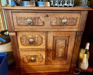 Antq Carved wood with Burl wood accent panels cabinet/ dry sink $450;  29”w x 16.5”d x 38h