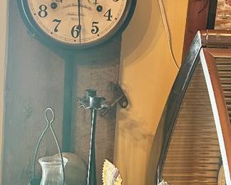 Vntg Advanced auto parts clock $150
14” Rnd Vntg Simplex Time Recorder Clock $120
Green glass hurricane lamp with metal shade $40
Green glass ashtray $5
