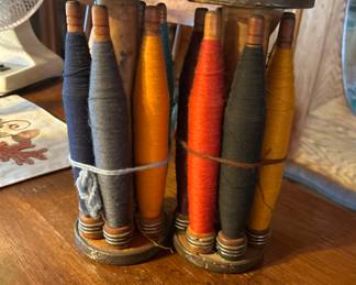 Antique Wooden Loom Spindle Spool Bobbins w/Thread & Wooden Spool Holder $65 ea
