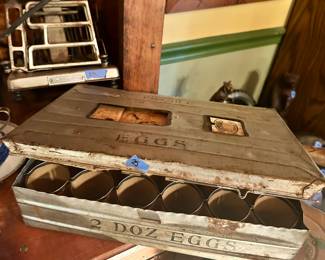 Antique metal egg storage box  $25